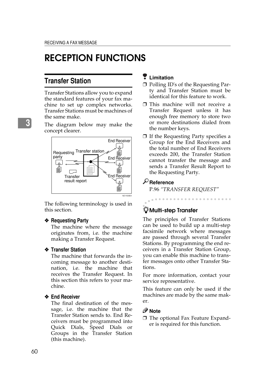 Ricoh 340 manual Reception Functions, Transfer Station, Requesting Party, End Receiver 