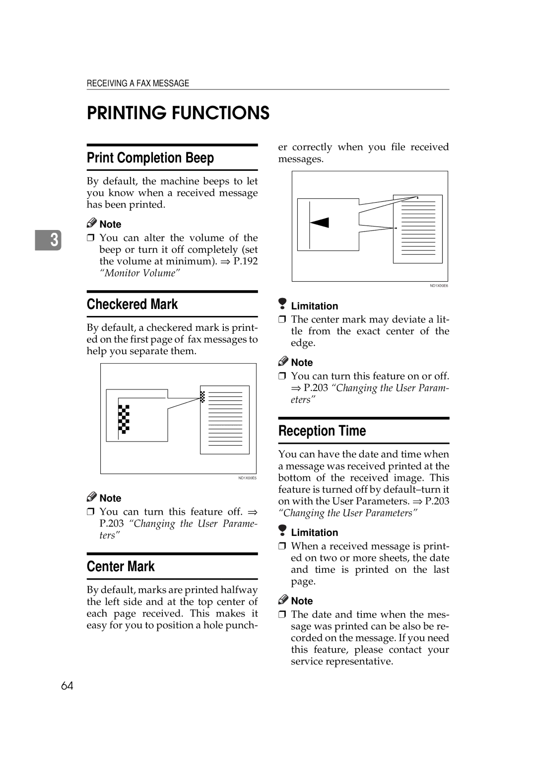 Ricoh 340 manual Printing Functions, Print Completion Beep, Checkered Mark, Center Mark, Reception Time 