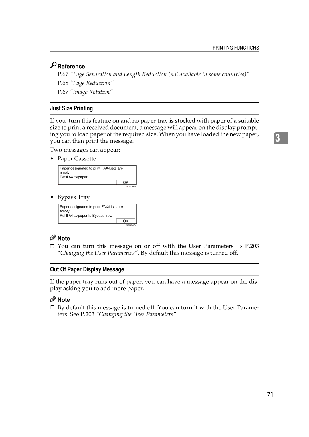 Ricoh 340 manual Just Size Printing, Out Of Paper Display Message 