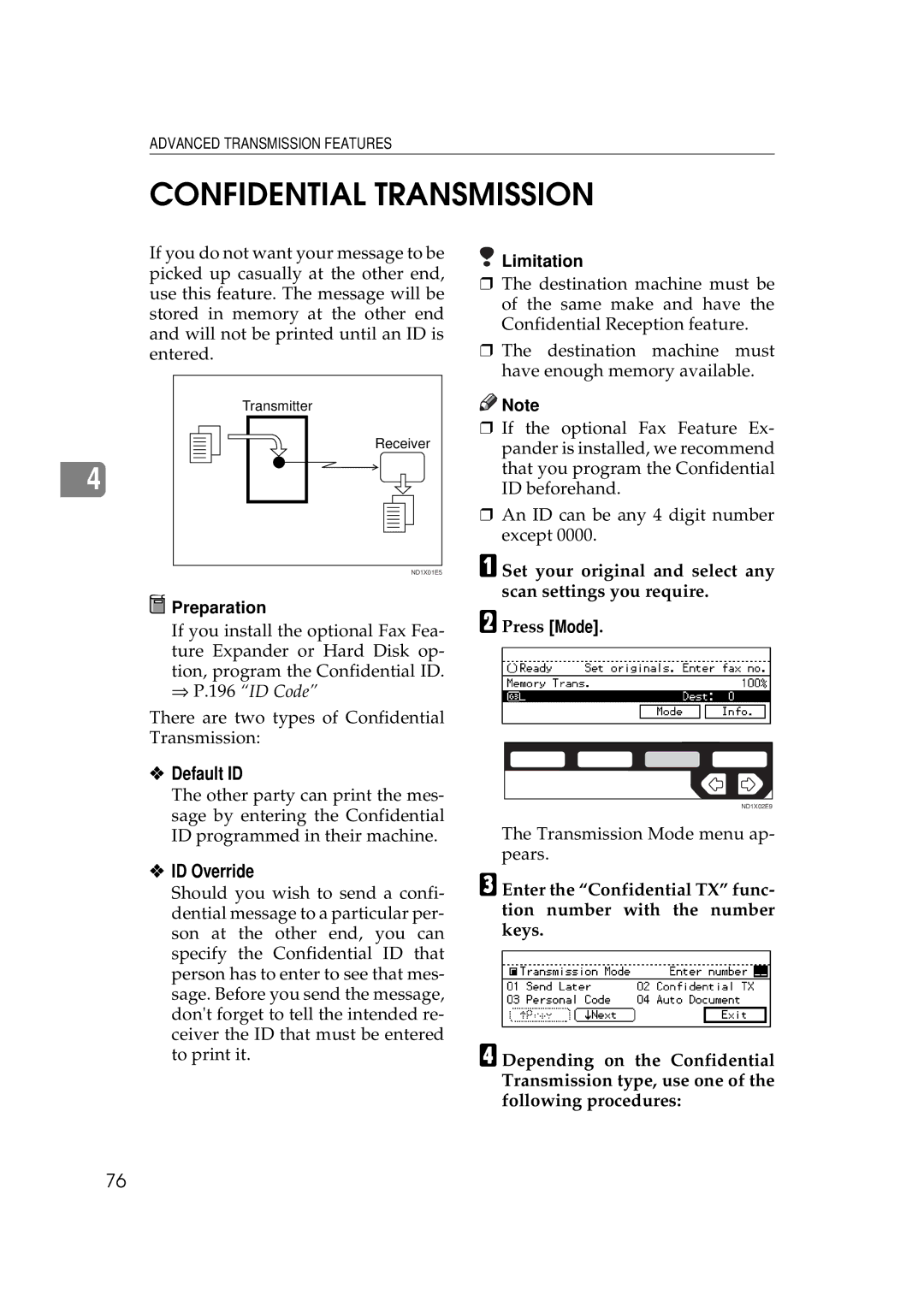 Ricoh 340 manual Confidential Transmission, Default ID, ID Override 