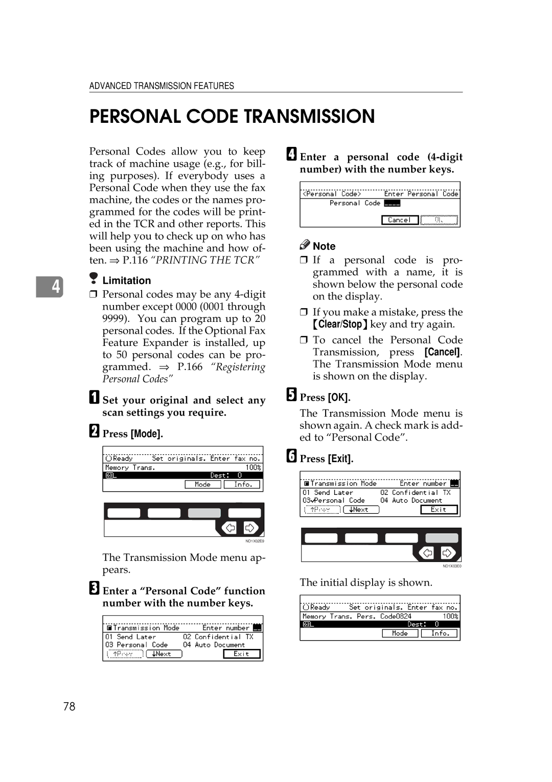 Ricoh 340 manual Personal Code Transmission, Enter a Personal Code function number with the number keys 