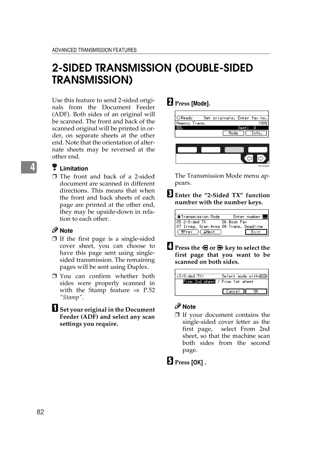 Ricoh 340 manual Sided Transmission DOUBLE-SIDED Transmission, Press OK 