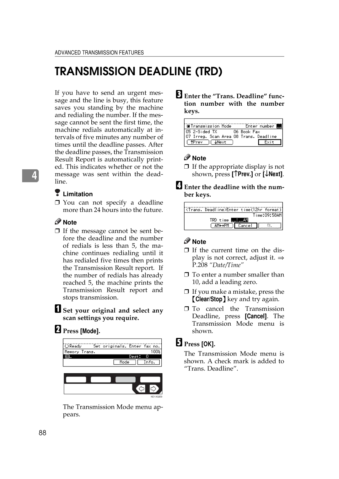 Ricoh 340 manual Transmission Deadline TRD, Enter the deadline with the num- ber keys 