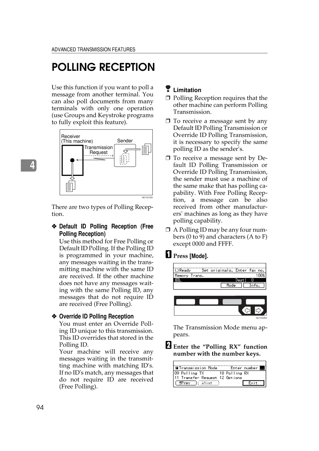 Ricoh 340 manual Default ID Polling Reception Free Polling Reception, Override ID Polling Reception 