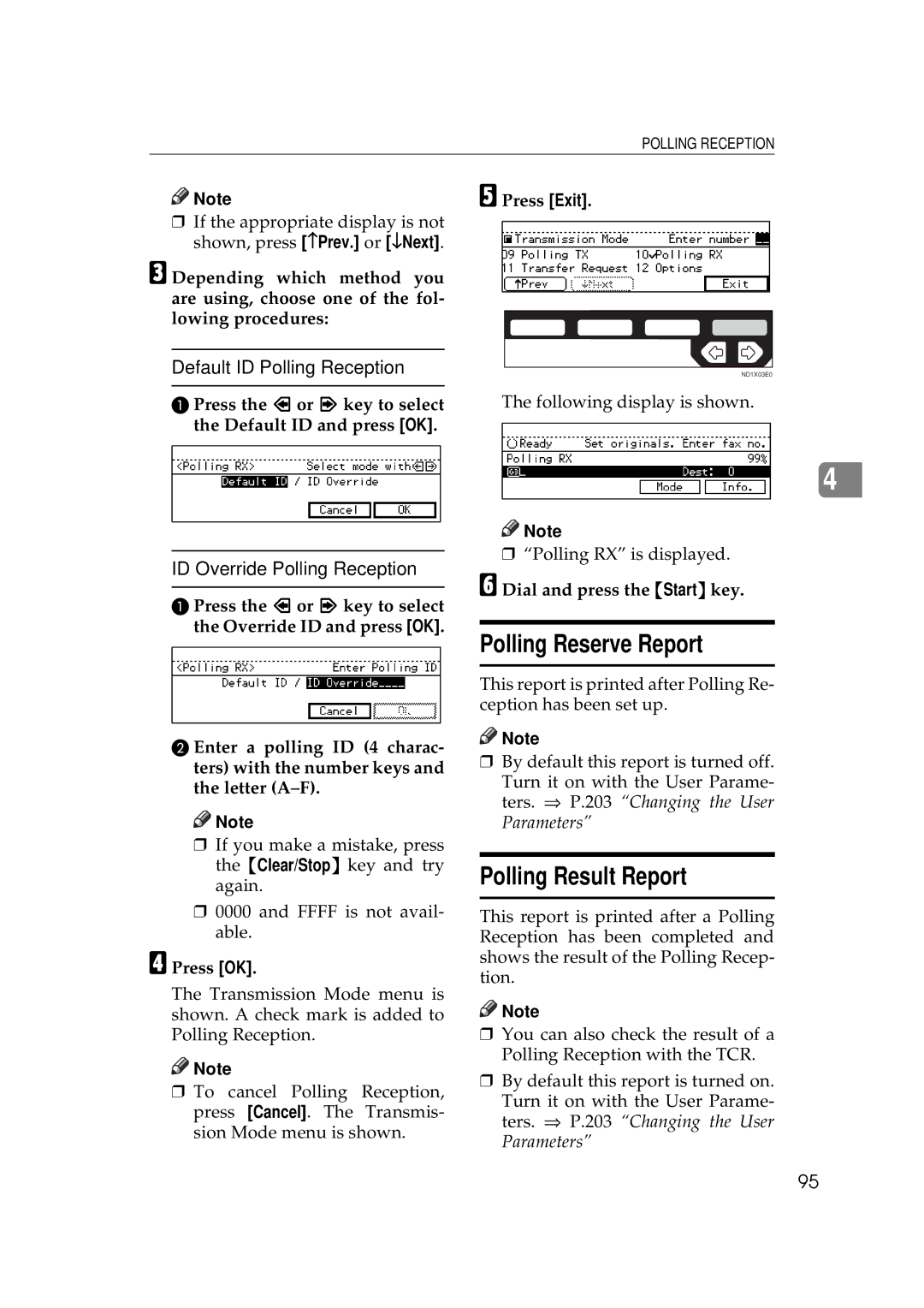 Ricoh 340 manual Polling Reserve Report, Polling Result Report, Press the or key to select the Default ID and press OK 