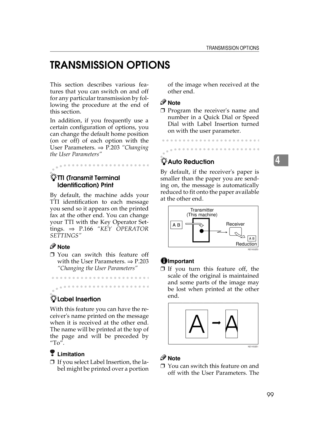 Ricoh 340 manual Transmission Options, TTI Transmit Terminal Identification Print, Label Insertion, Auto Reduction 