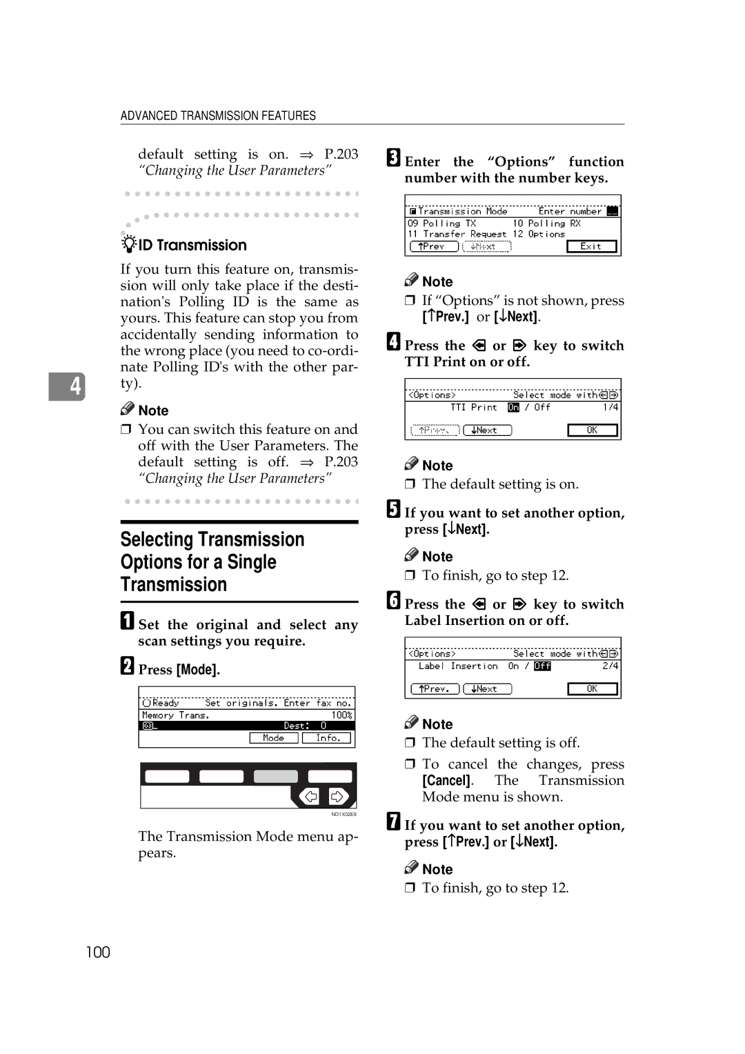 Ricoh 340 manual Selecting Transmission Options for a Single, ID Transmission, 100 