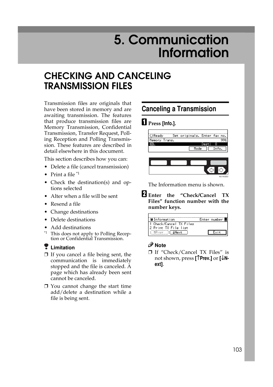 Ricoh 340 manual Checking and Canceling Transmission Files, 103 