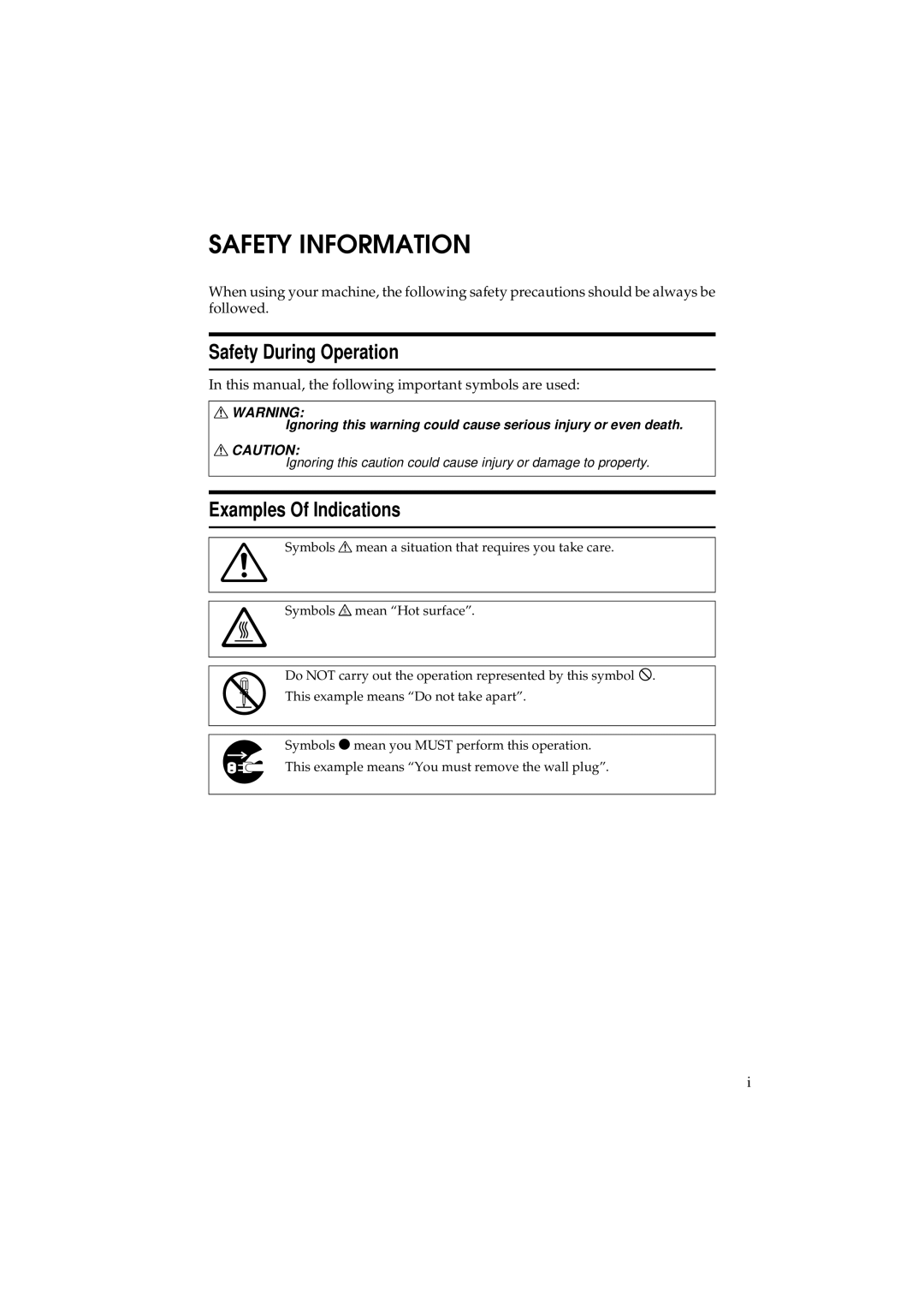 Ricoh 340 manual Safety Information, Safety During Operation, Examples Of Indications 