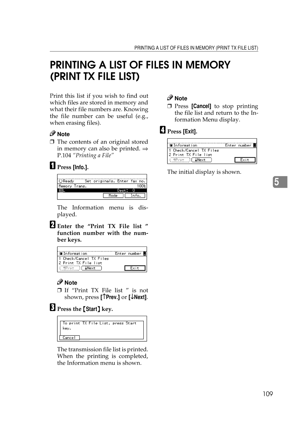 Ricoh 340 manual Printing a List of Files in Memory Print TX File List, 109 