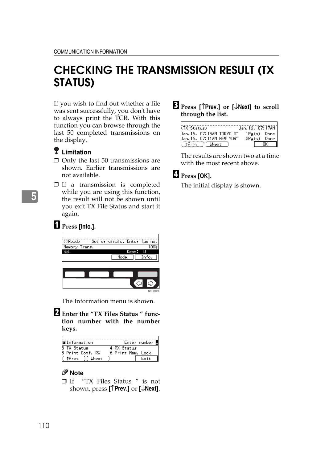 Ricoh 340 Checking the Transmission Result TX Status, 110, Press Info Press −Prev. or ↓Next to scroll through the list 