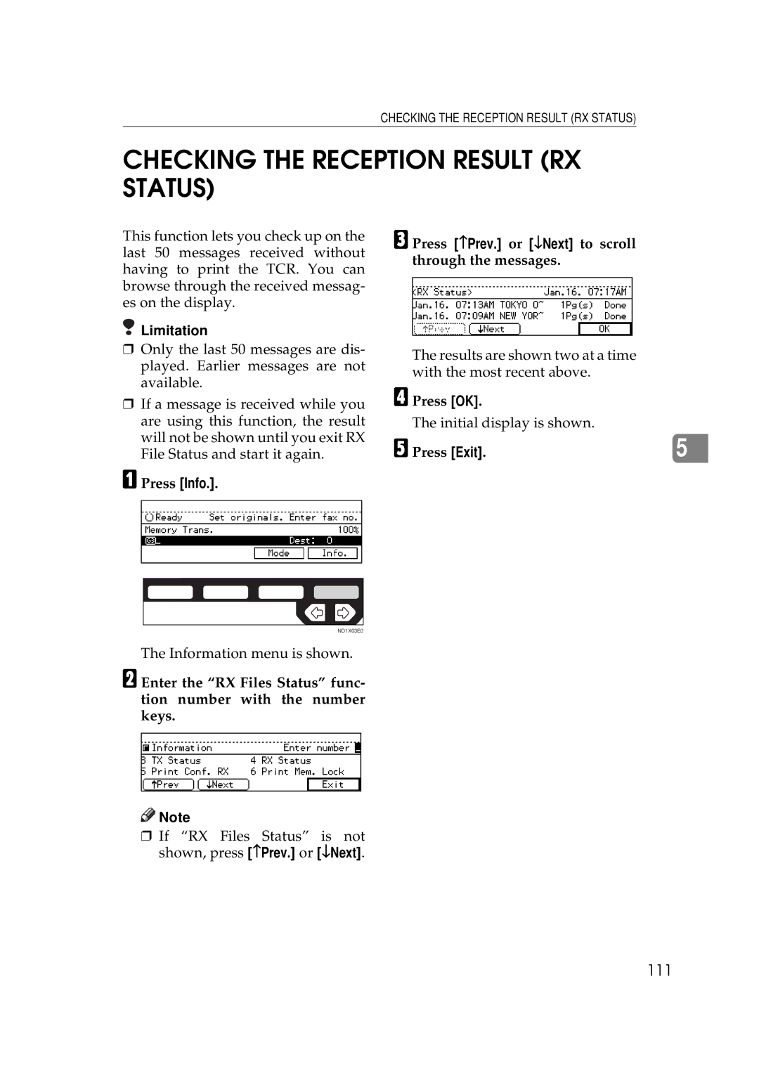 Ricoh 340 manual Checking the Reception Result RX Status, 111, Press −Prev. or ↓Next to scroll through the messages 