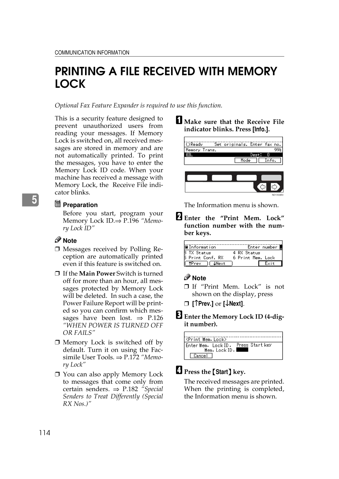 Ricoh 340 manual Printing a File Received with Memory Lock, 114 