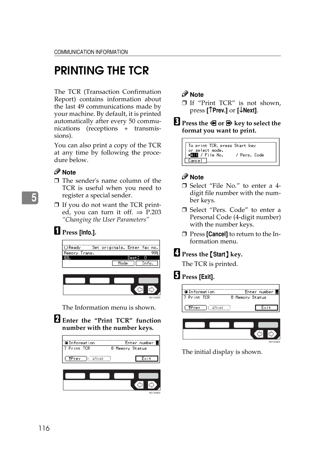 Ricoh 340 manual Printing the TCR, 116, Enter the Print TCR function number with the number keys 