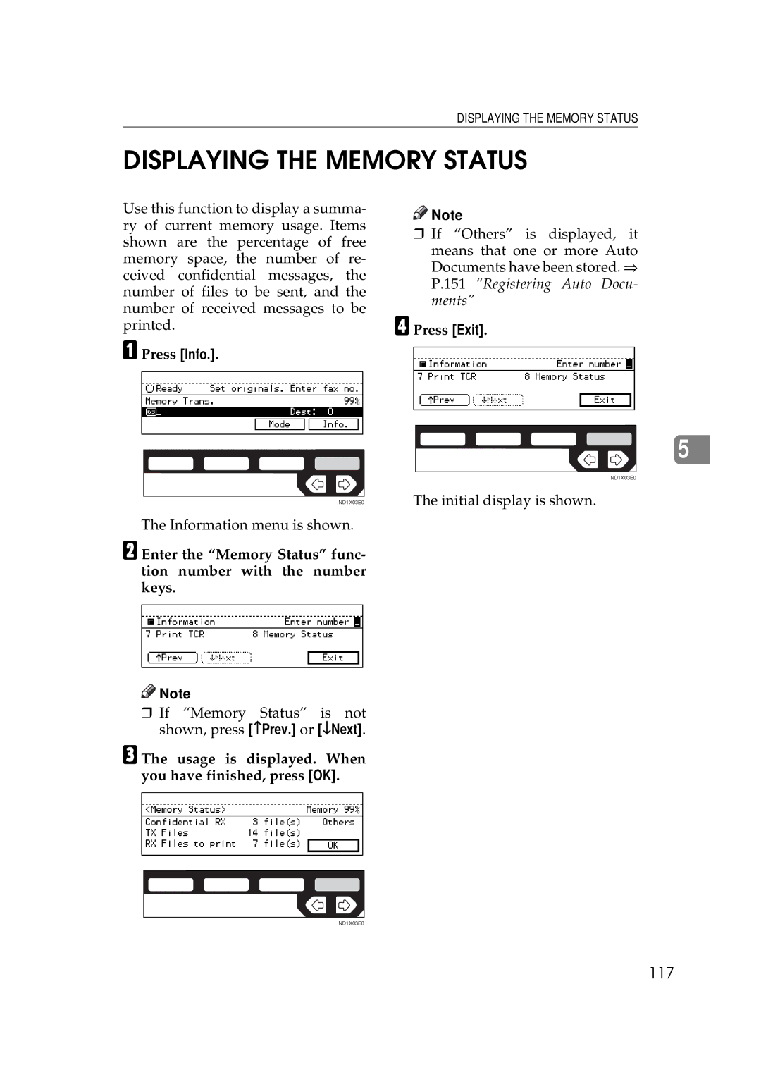 Ricoh 340 manual Displaying the Memory Status, 117, Usage is displayed. When you have finished, press OK 