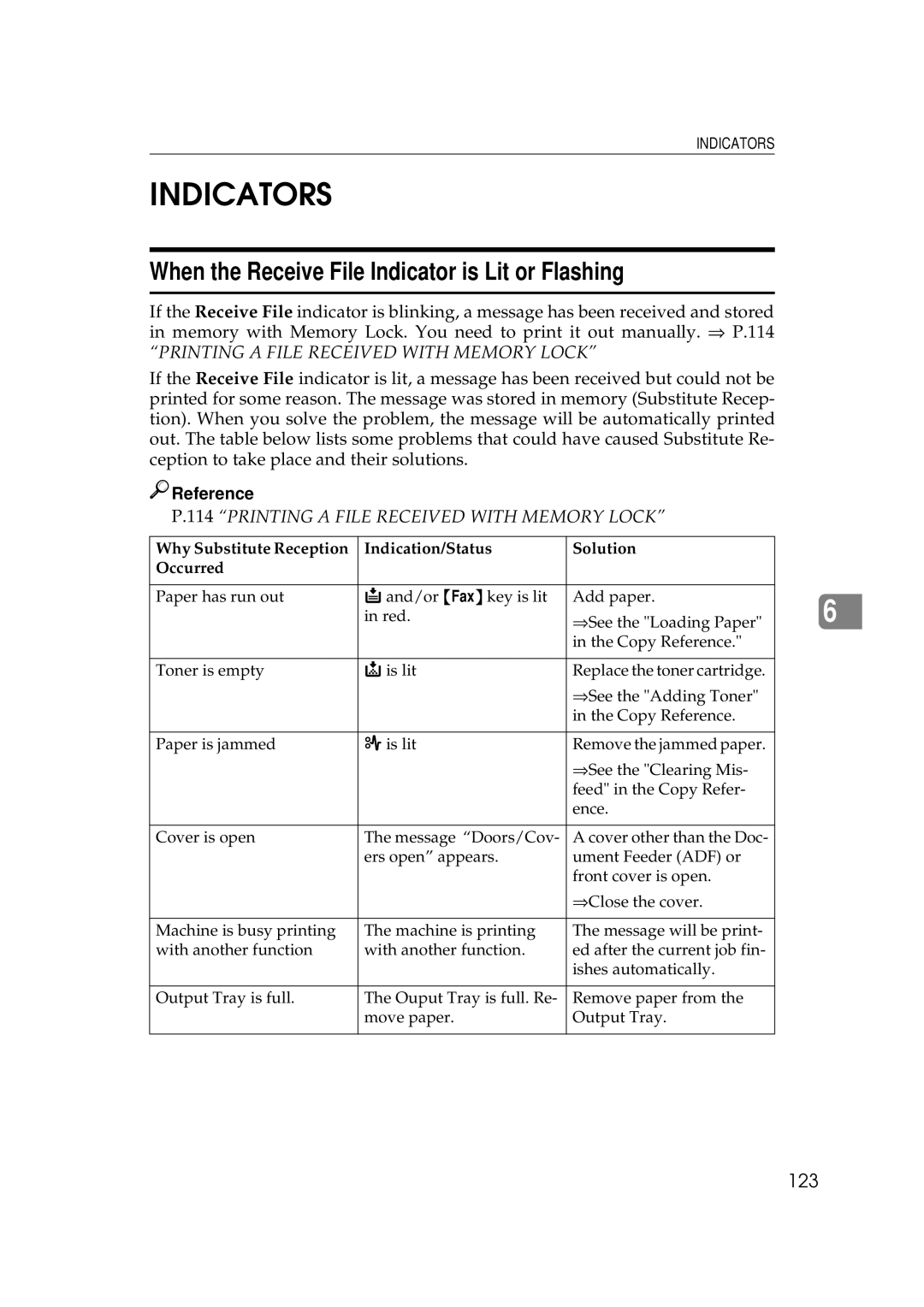 Ricoh 340 manual Indicators, When the Receive File Indicator is Lit or Flashing, 123 