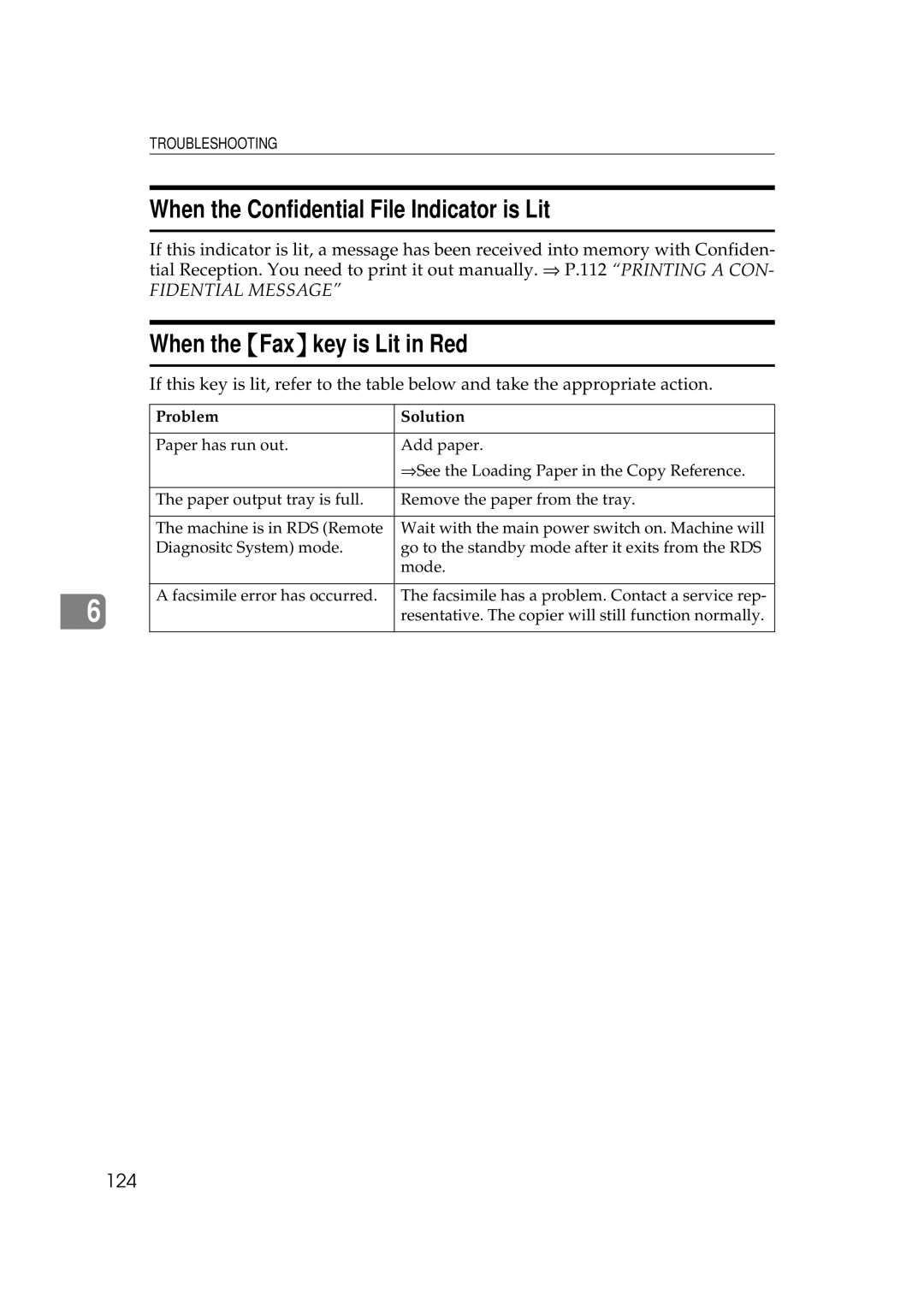 Ricoh 340 manual When the Confidential File Indicator is Lit, When the Fax key is Lit in Red, 124 