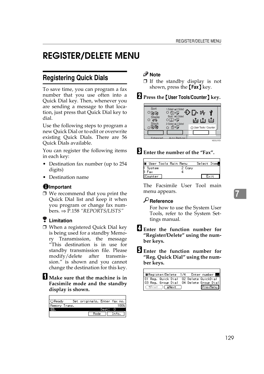 Ricoh 340 manual REGISTER/DELETE Menu, Registering Quick Dials, 129 