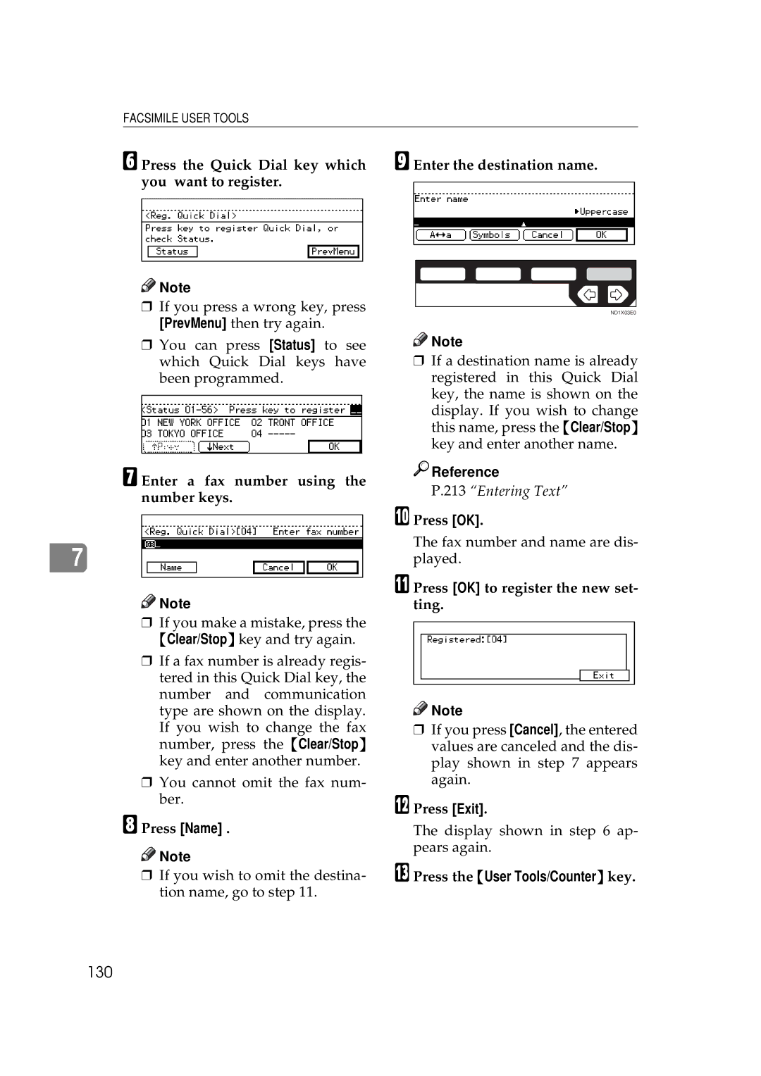 Ricoh 340 manual 130, Enter a fax number using the number keys, Press Name, Press OK to register the new set- ting 