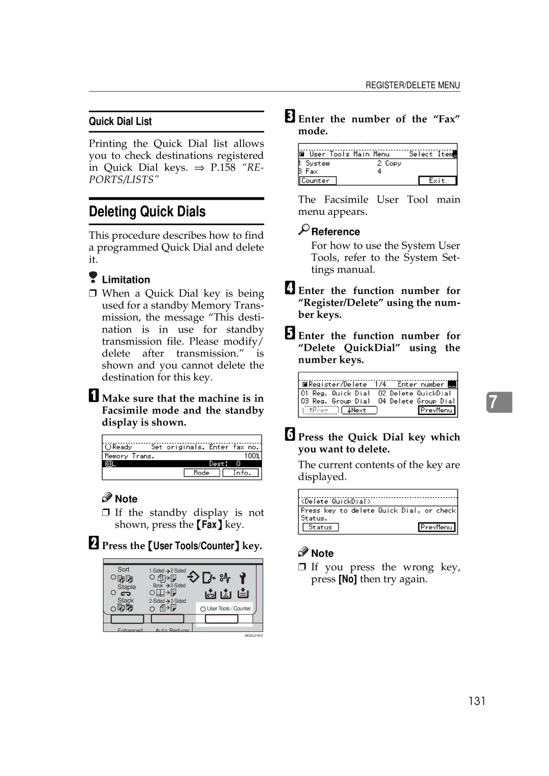 Ricoh 340 manual Deleting Quick Dials, Quick Dial List, 131, Enter the number of the Fax mode 