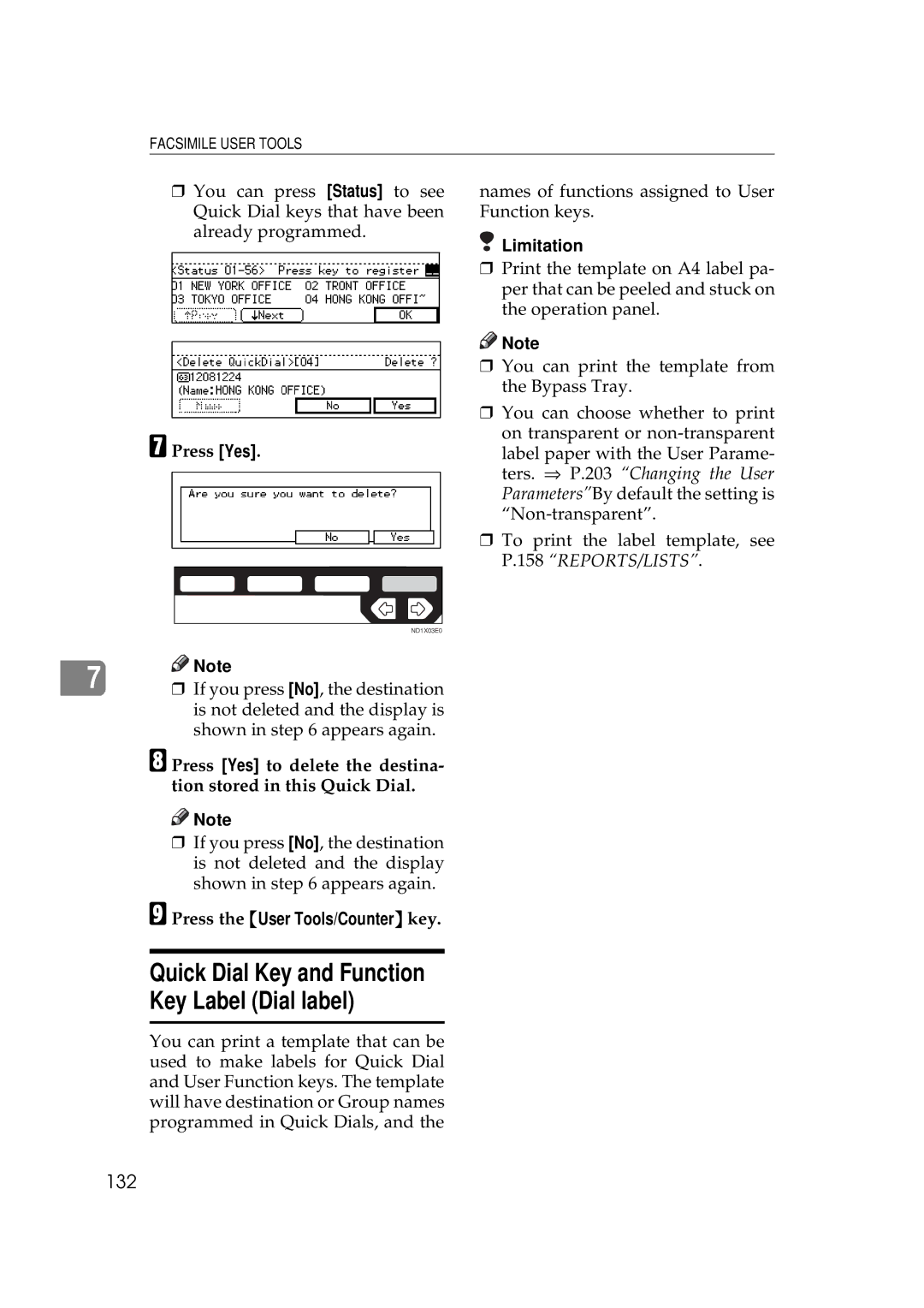 Ricoh 340 manual Quick Dial Key and Function Key Label Dial label, 132 