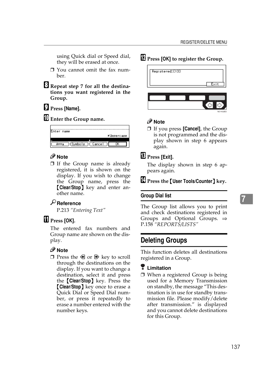 Ricoh 340 manual Deleting Groups, Group Dial list, 137, Press OK to register the Group 