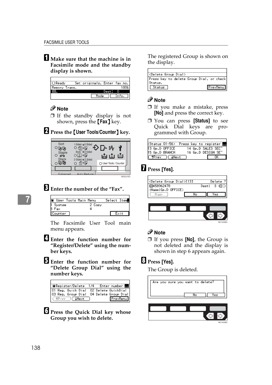 Ricoh 340 manual 138, Press the Quick Dial key whose Group you wish to delete 