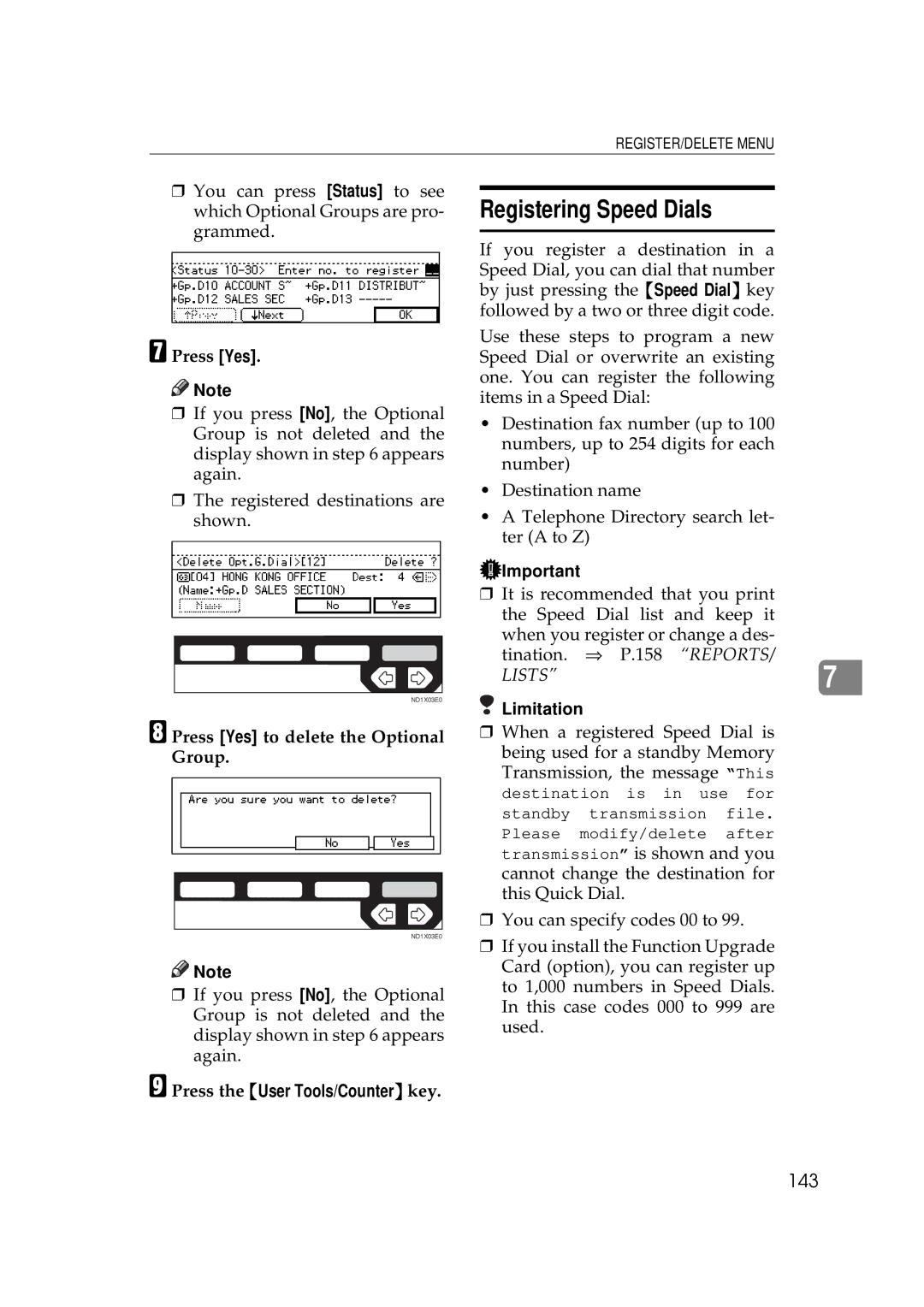 Ricoh 340 manual Registering Speed Dials, 143, Press Yes to delete the Optional Group 