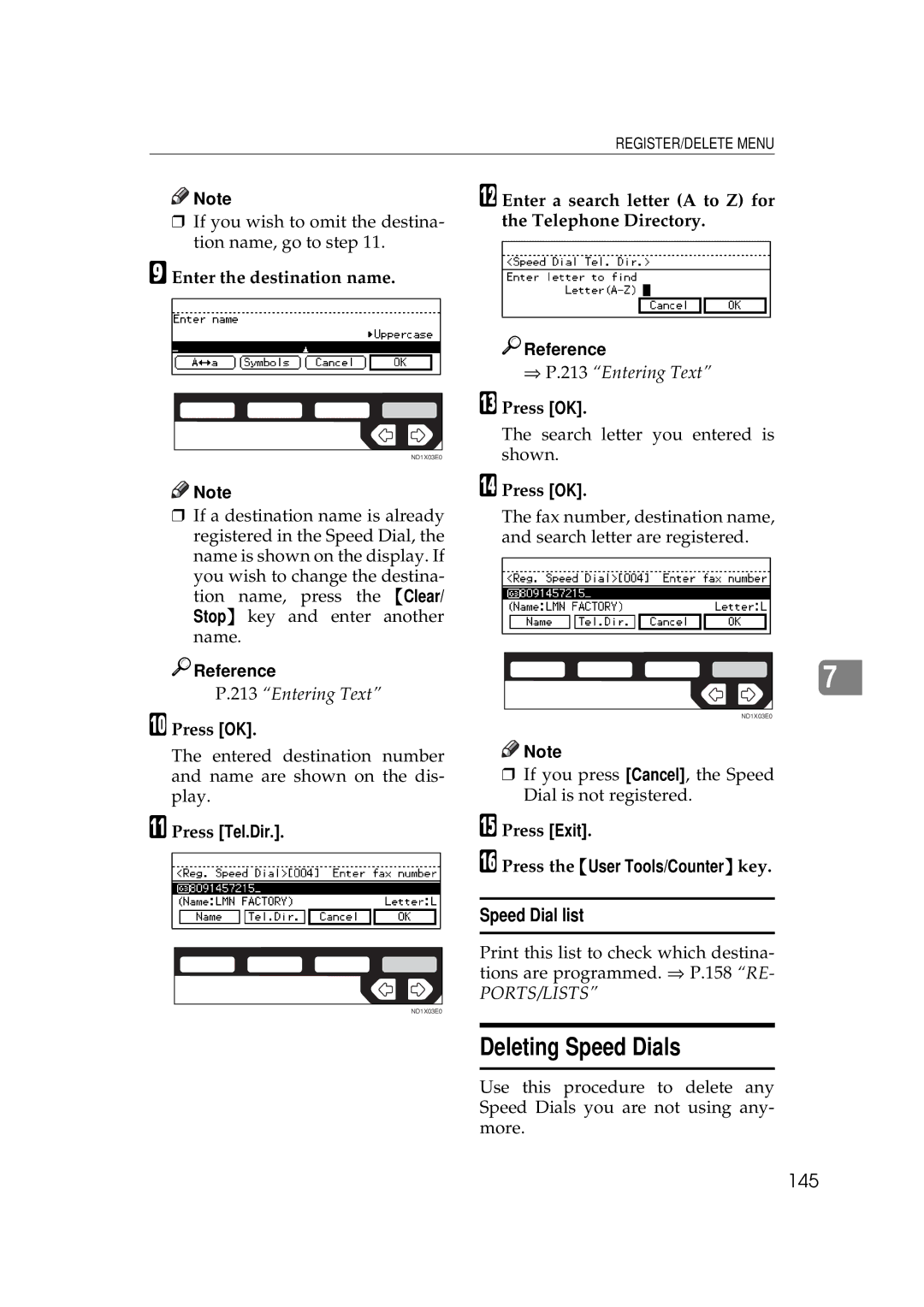 Ricoh 340 manual Deleting Speed Dials, Speed Dial list, 145 