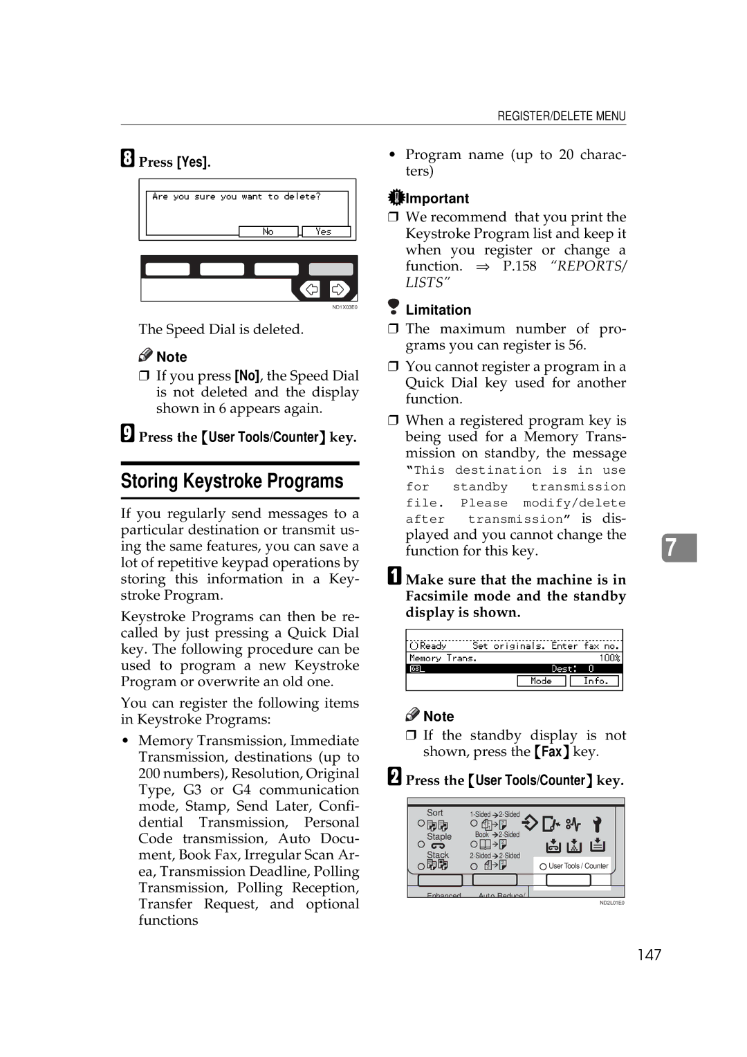 Ricoh 340 manual Storing Keystroke Programs, 147 