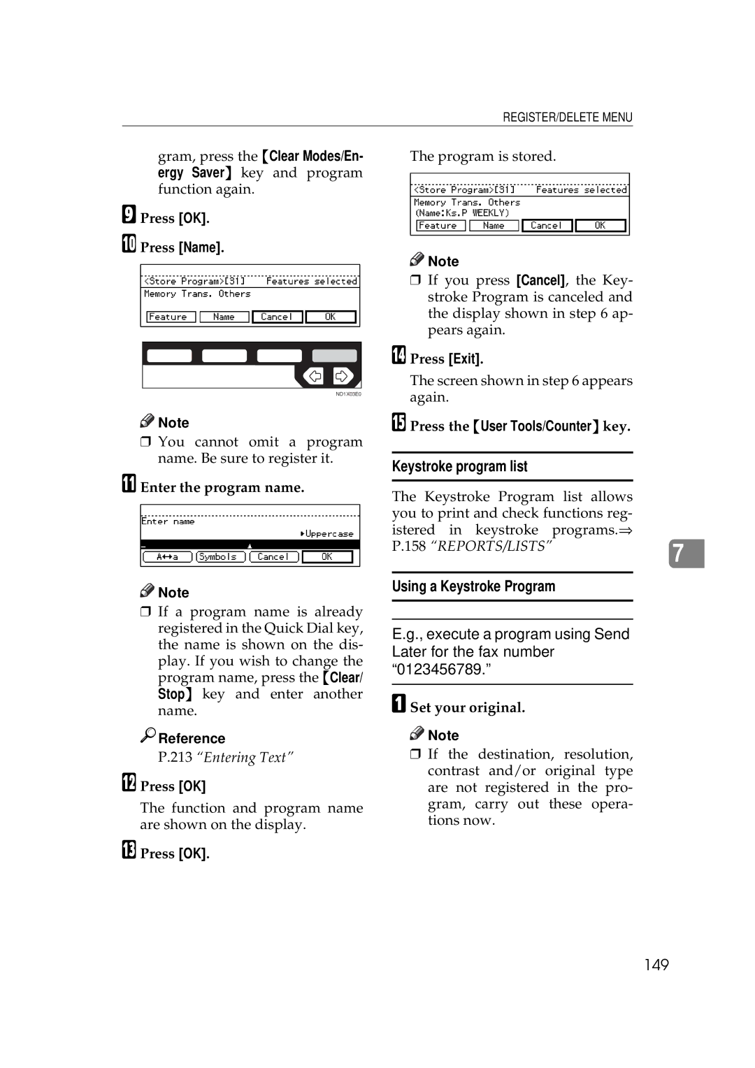 Ricoh 340 manual Keystroke program list, Using a Keystroke Program, 149, Press OK Press Name, Enter the program name 