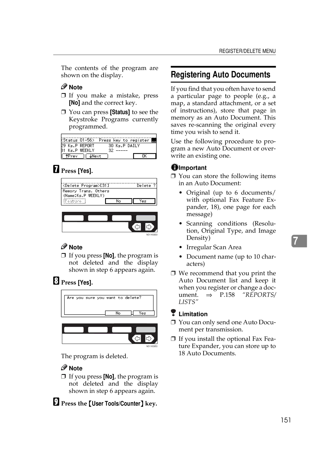 Ricoh 340 manual Registering Auto Documents, 151 