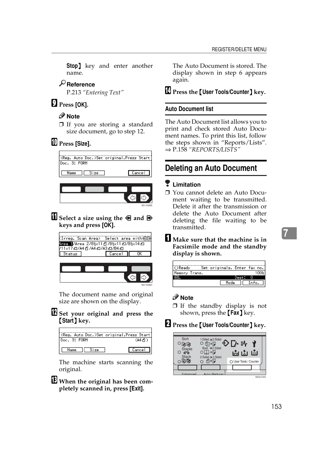 Ricoh 340 manual Deleting an Auto Document, Auto Document list, 153 