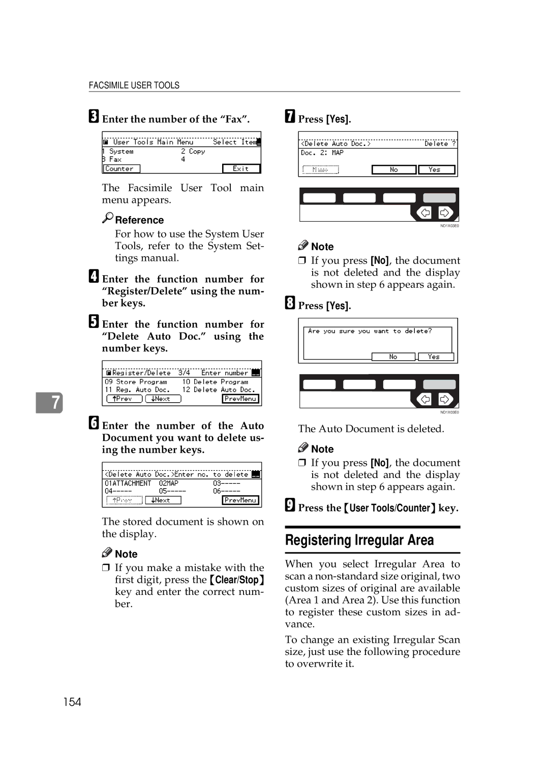 Ricoh 340 manual Registering Irregular Area, 154, Enter the number of the Fax Press Yes 