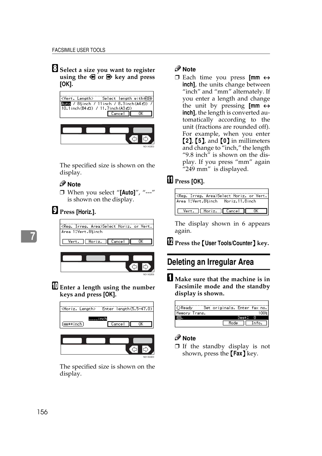 Ricoh 340 manual Deleting an Irregular Area, 156, Press Horiz, Enter a length using the number keys and press OK 