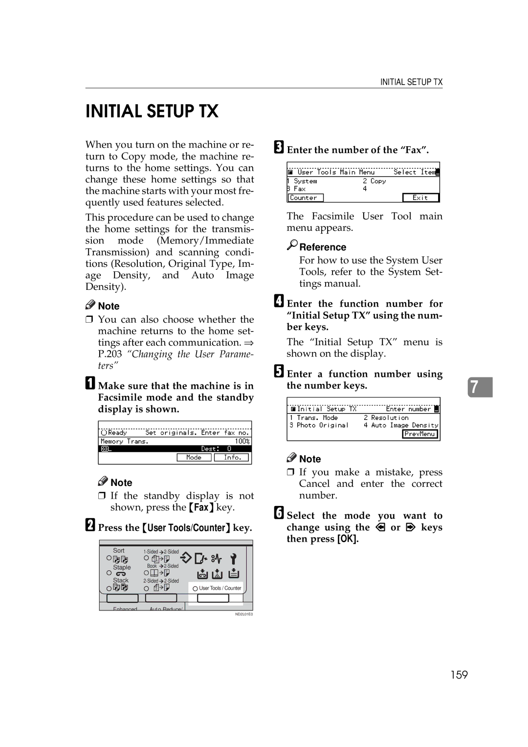 Ricoh 340 manual Initial Setup TX, 159, Enter a function number using Number keys 