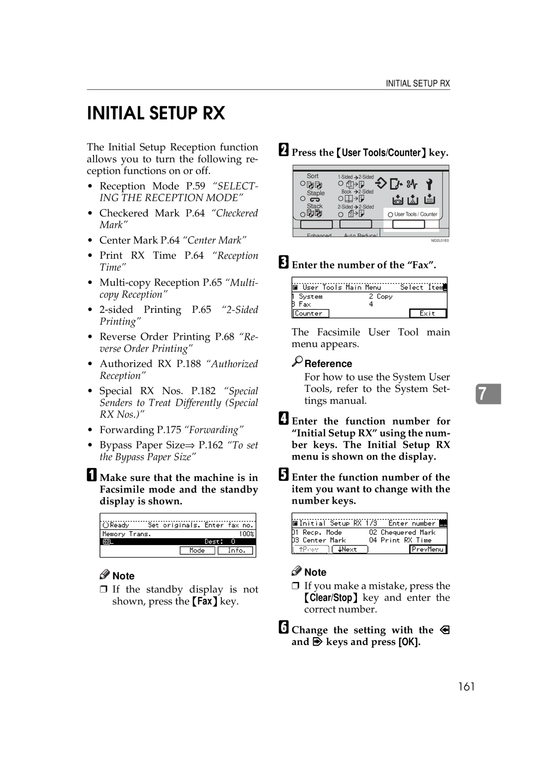 Ricoh 340 manual Initial Setup RX, 161, Change the setting with the and keys and press OK 