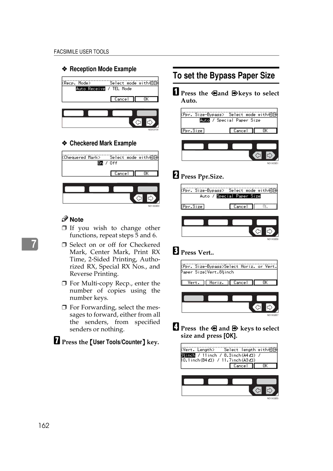 Ricoh 340 manual To set the Bypass Paper Size, Reception Mode Example, Checkered Mark Example, 162 