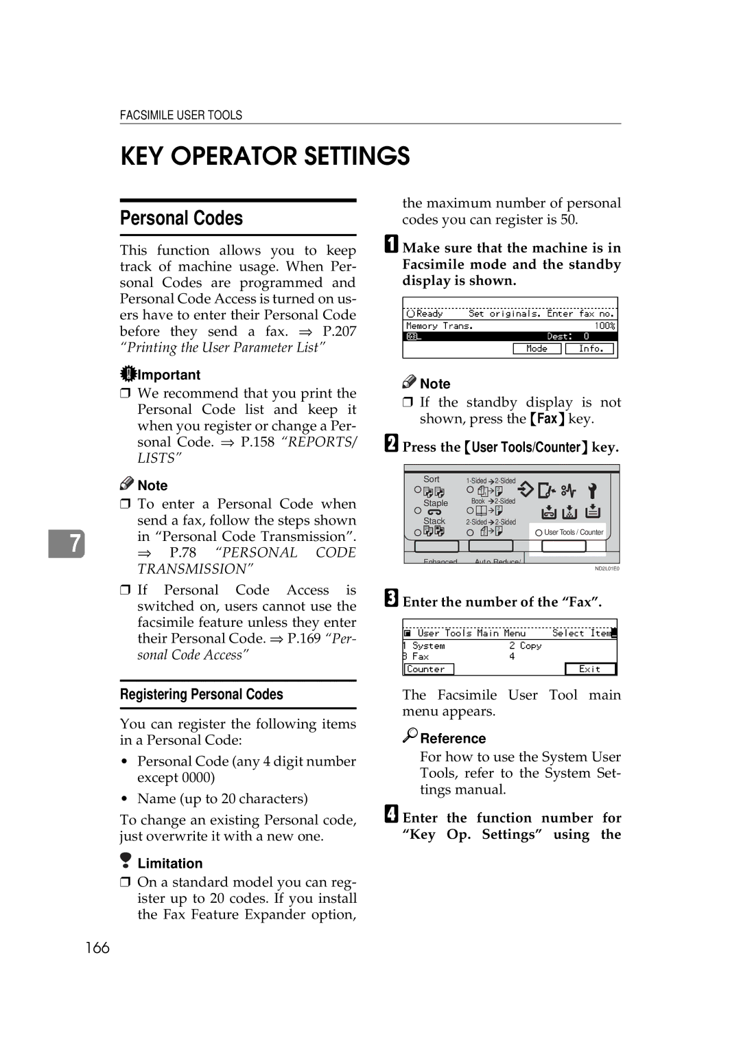 Ricoh 340 KEY Operator Settings, Registering Personal Codes, 166, Enter the function number for Key Op. Settings using 