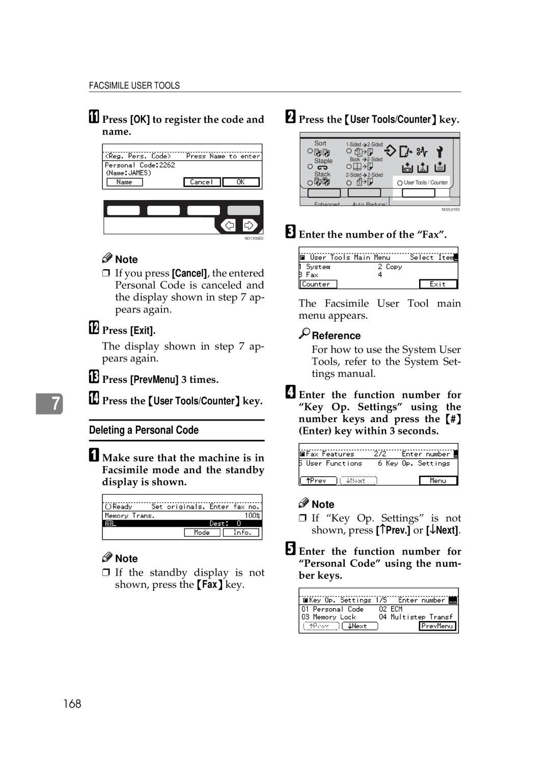 Ricoh 340 manual Deleting a Personal Code, 168, Press OK to register the code, Name, Press PrevMenu 3 times 