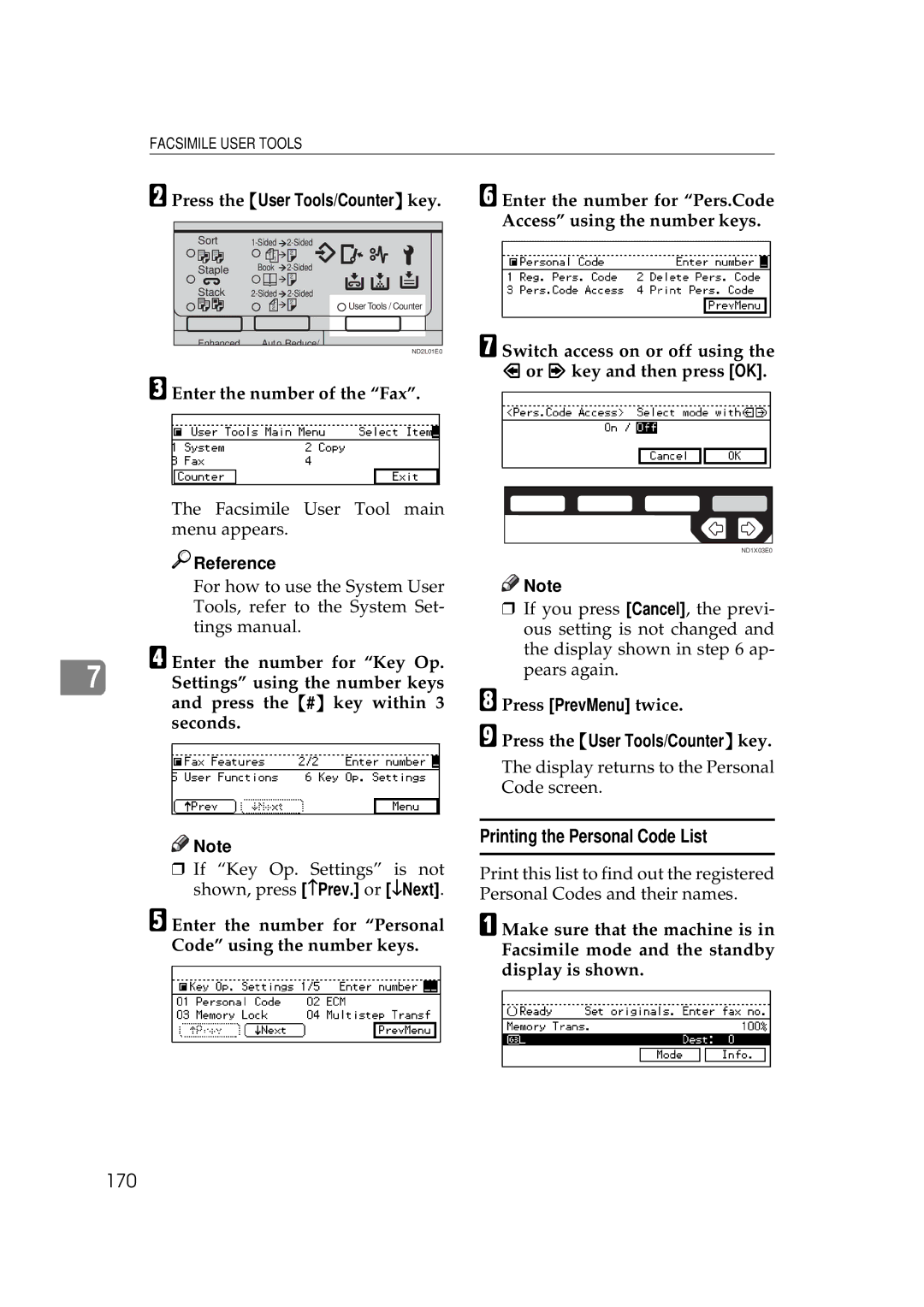 Ricoh 340 manual Printing the Personal Code List, 170, Press PrevMenu twice 