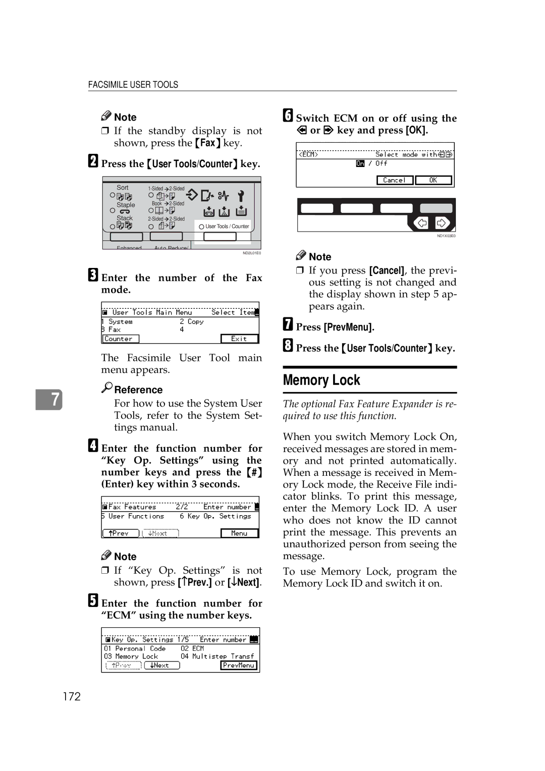 Ricoh 340 manual Memory Lock, 172, Press PrevMenu Press the User Tools/Counter key 