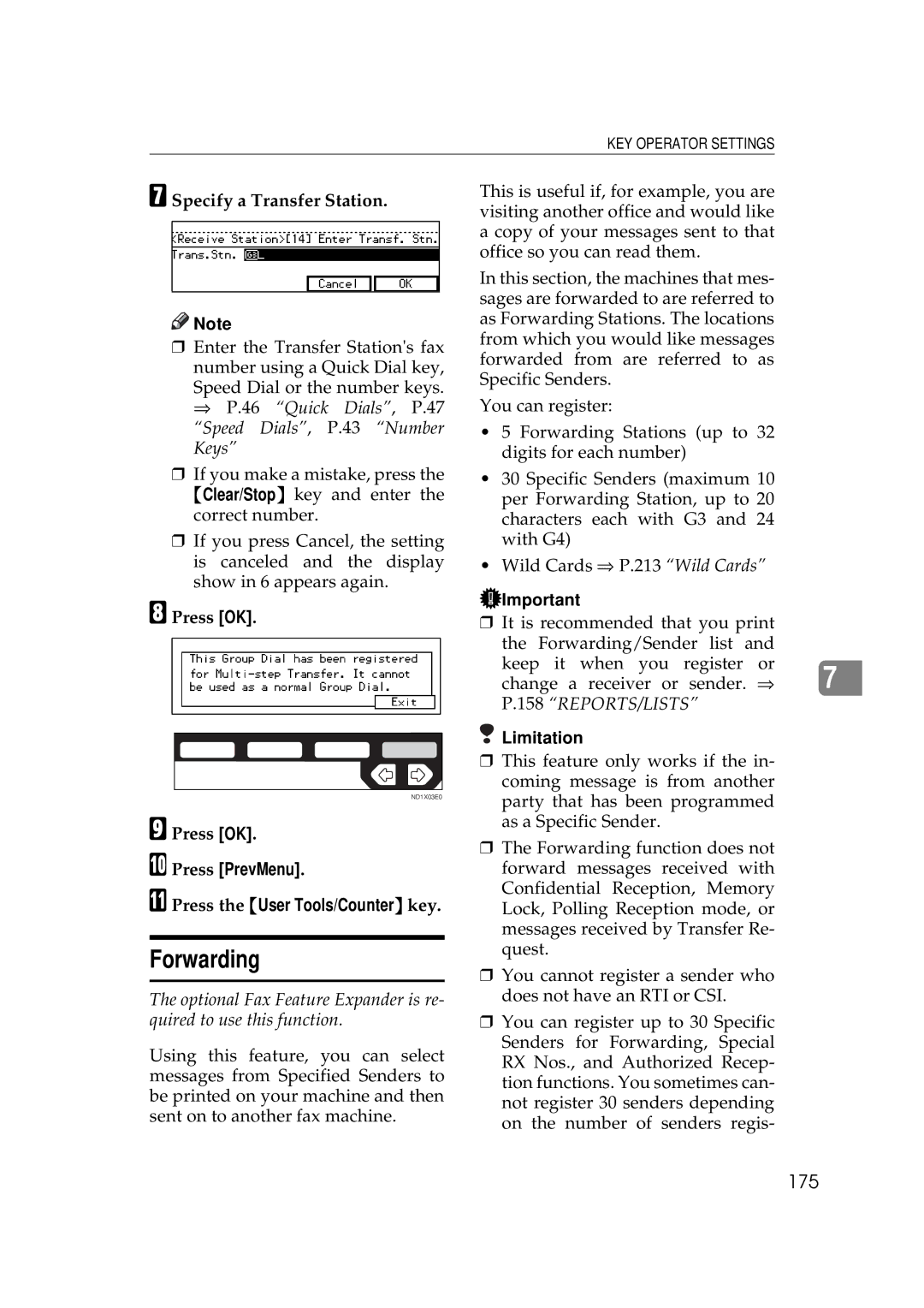 Ricoh 340 manual Forwarding, 175, Specify a Transfer Station 