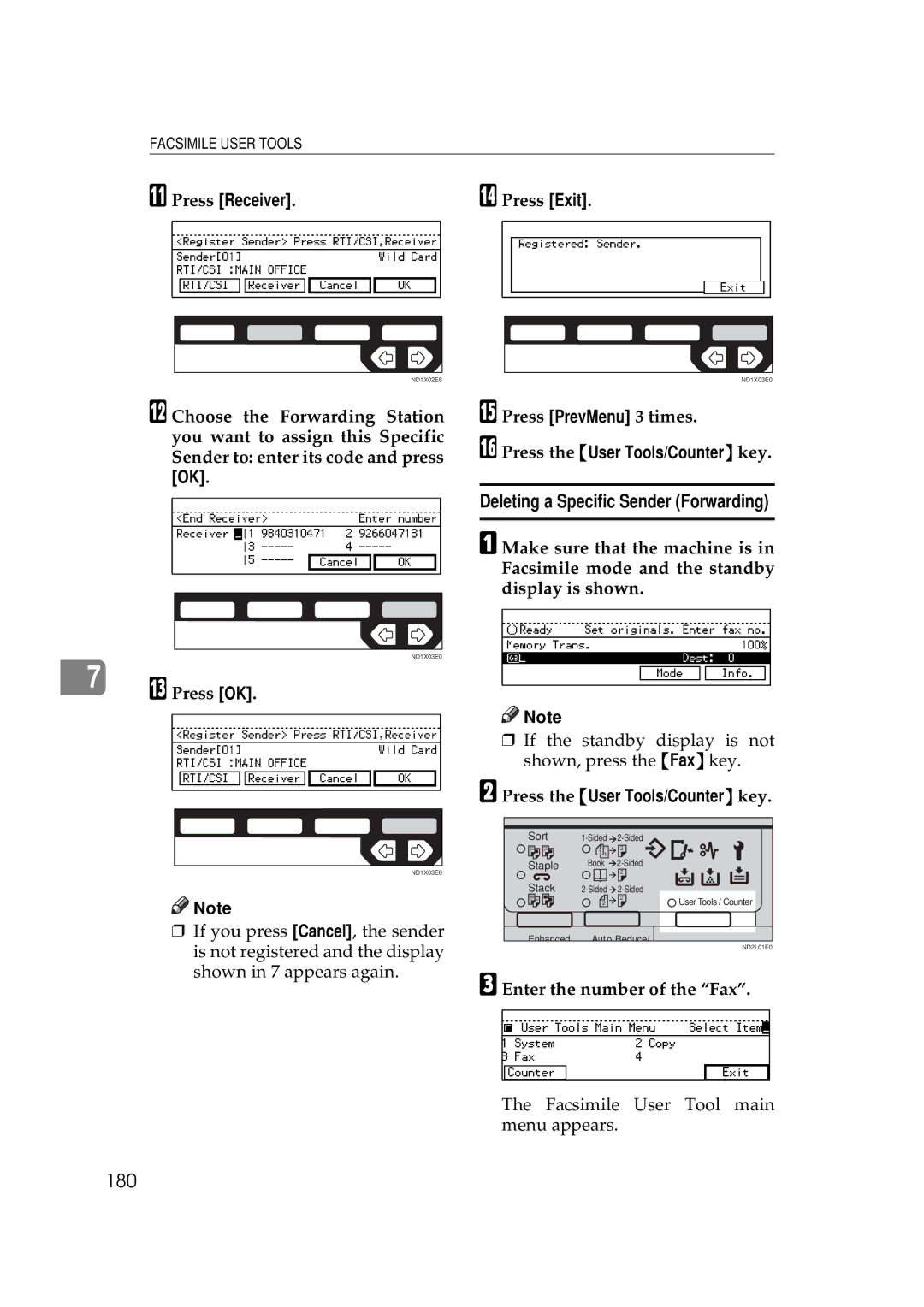 Ricoh 340 manual Deleting a Specific Sender Forwarding, 180, Press Receiver 