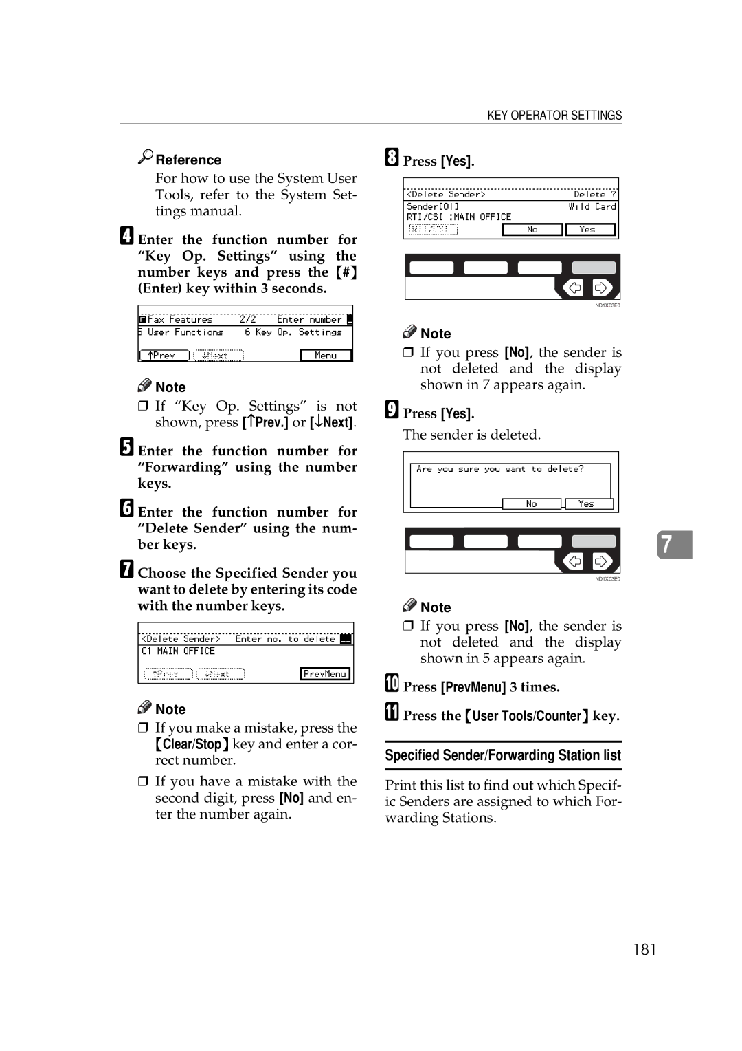 Ricoh 340 manual Specified Sender/Forwarding Station list, 181 