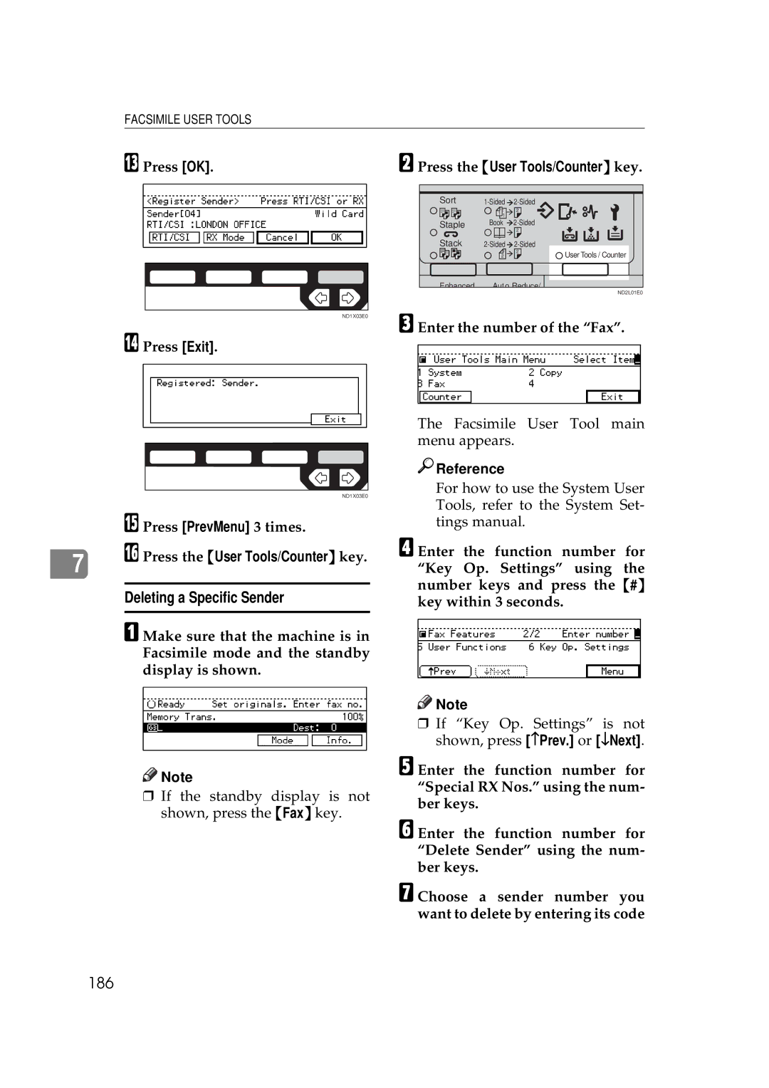 Ricoh 340 manual Deleting a Specific Sender, 186 