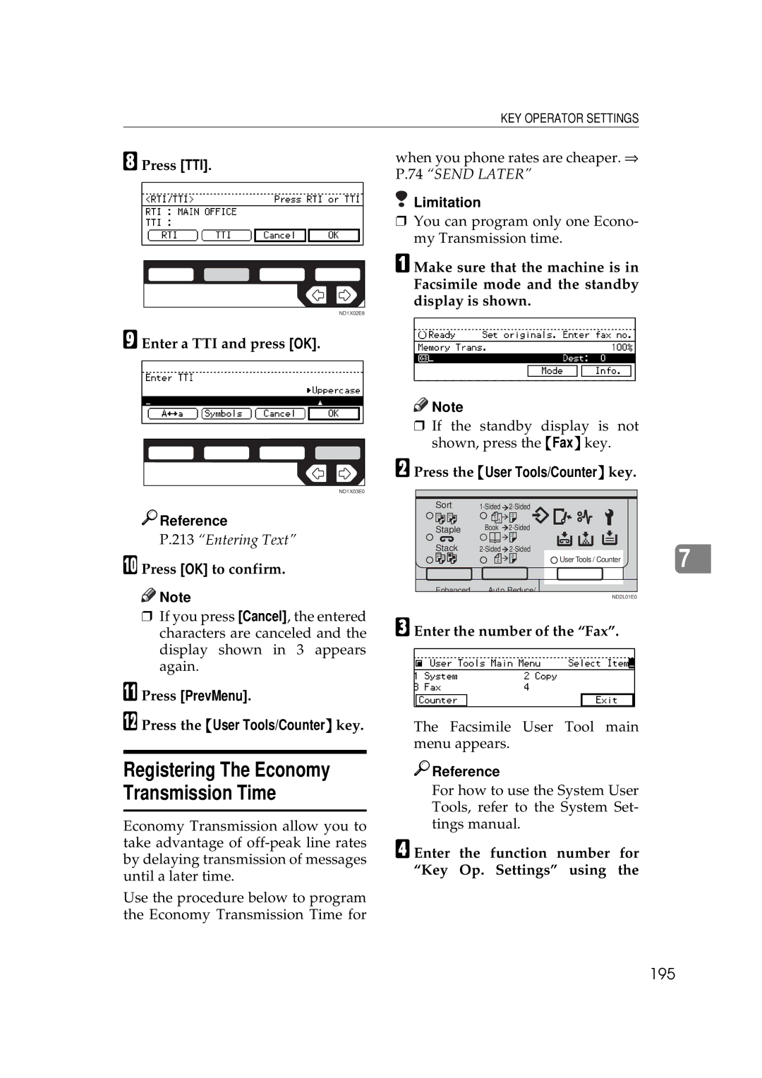 Ricoh 340 manual Registering The Economy Transmission Time, 195, Press TTI, Enter a TTI and press OK, Press OK to confirm 