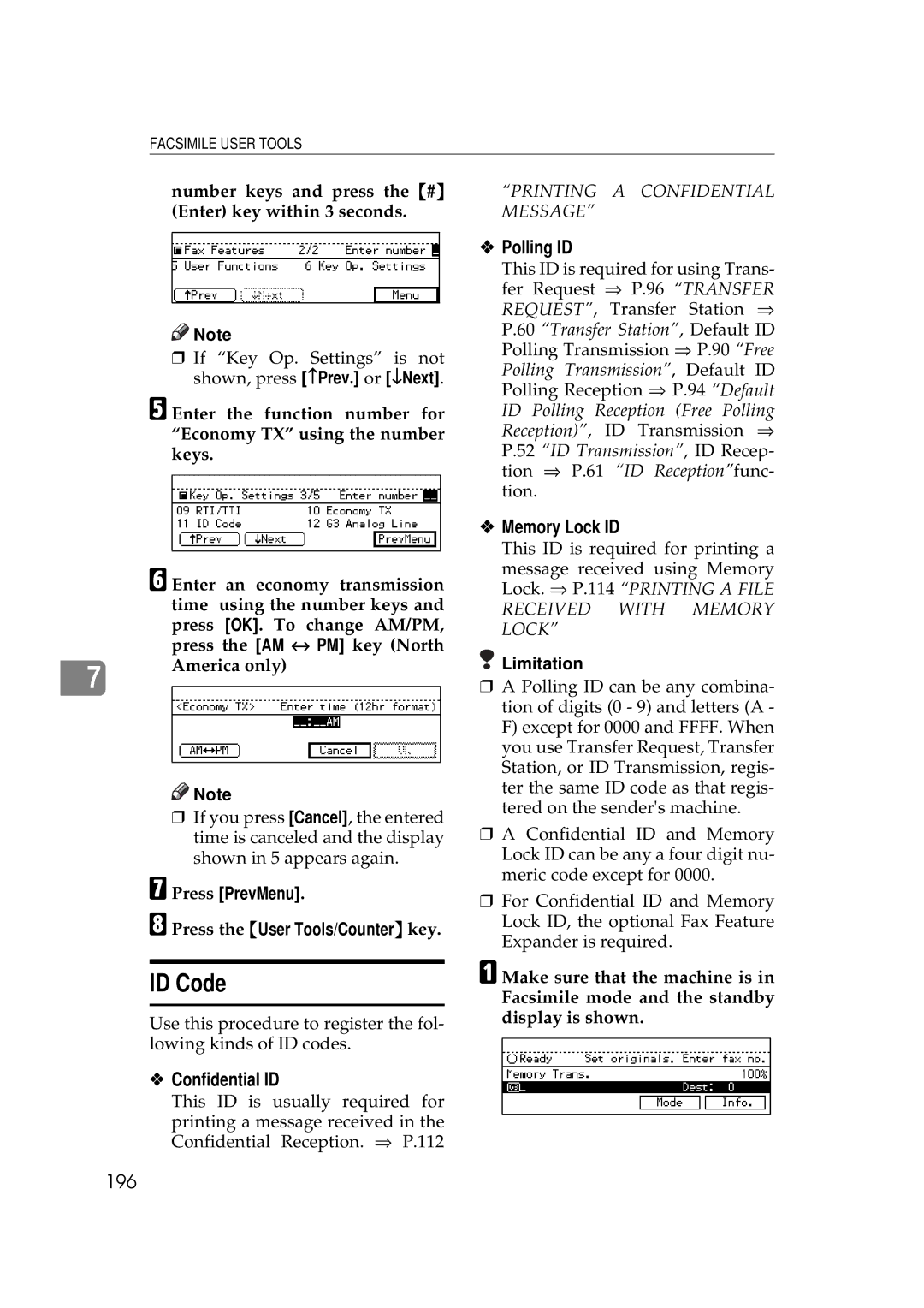 Ricoh 340 manual ID Code, Polling ID, Memory Lock ID, Confidential ID, 196 