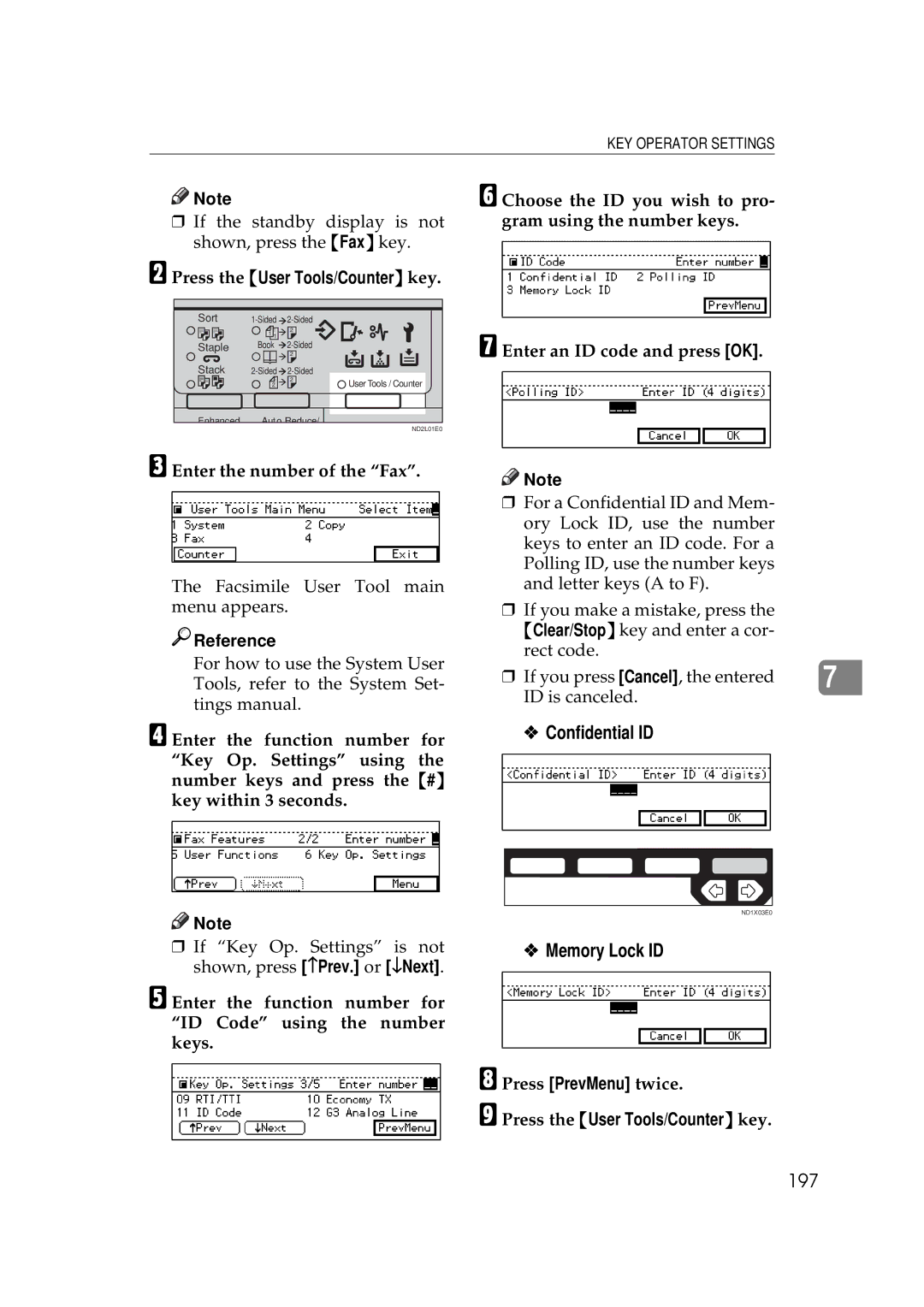 Ricoh 340 manual 197, Enter the function number for ID Code using the number keys 