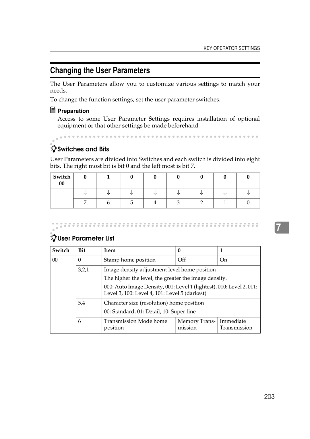 Ricoh 340 manual Changing the User Parameters, Switches and Bits, User Parameter List, 203 